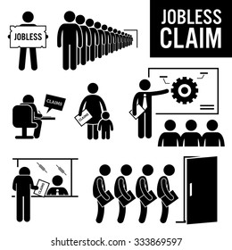 Jobless Claims Unemployment Benefits Stick Figure Pictogram Icons