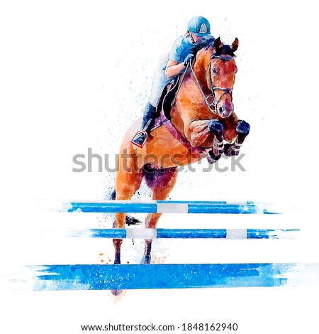 Jockey on horse. Horse Jumping. Equestrian Events. Show Jumping Competition. Watercolor painting illustration isolated on white background