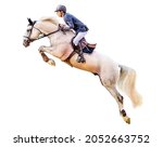 Jockey on horse. White Horse. Champion. Horse riding. Equestrian sport. Jockey riding jumping horse. Poster. Sport. White background. Isolated watercolor Illustration