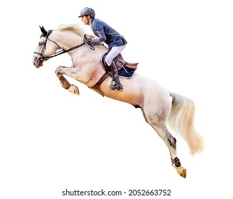 Jockey on horse. White Horse. Champion. Horse riding. Equestrian sport. Jockey riding jumping horse. Poster. Sport. White background. Isolated watercolor Illustration