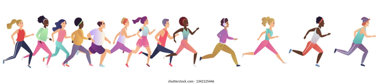 Jogging running people. Sport running group concept. People athlete maraphon runner race, various people runners. - Shutterstock ID 1342125446