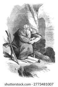 John the Apostle as an elderly hermit on Patmos, seated on a rocky shore while contemplating a scroll, with the setting sun casting serene light over the scene, old vintage illustration, 1880