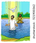 John baptized Jesus in the River Jordan and the Holy Spirit descends from the sky