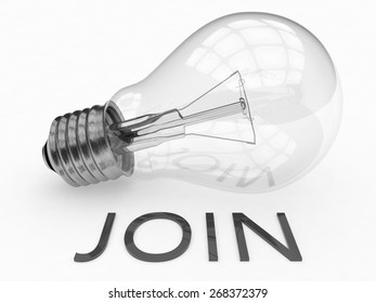 Join - lightbulb on white background with text under it. 3d render illustration.