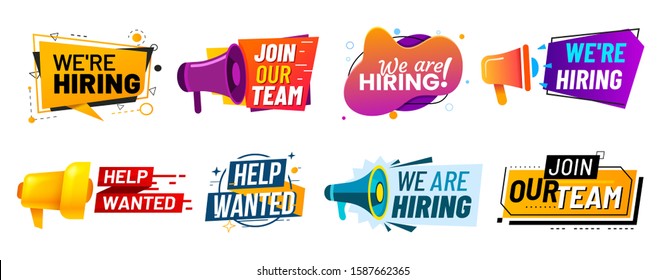 Join our team banners. We are hiring communication poster, help wanted advertising banner with speaker and vacant badge. Hr recruiting hire, vacancy job offer isolated  signs set - Powered by Shutterstock