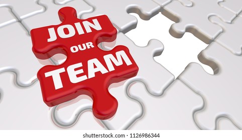 Join our team. The inscription on the missing element of the puzzle. Folded white puzzles elements and one red with text: JOIN OUR TEAM. 3D Illustration