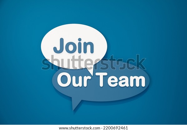 Join our Team, speech bubble with white and\
blue text against a blue background. Welcoming ceremony,\
togetherness and team concept. 3D\
illustration