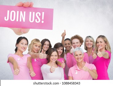 Join us Text and Hand holding card with pink breast cancer awareness women - Powered by Shutterstock