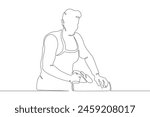 A joiner at work. A carpenter works with a tool on wood. Woodworking. Wood carver. One continuous line. Line art. Minimum one line. White background. One line drawing.