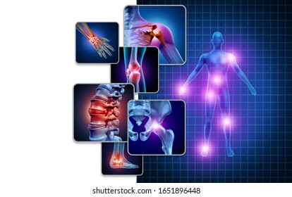 Joint Body Pain Concept As Skeleton And Muscle Anatomy Of The Body With A Group Of Sore Joints As A Painful Injury Or Arthritis Illness Symbol For Medical Symptoms With 3D Illustration Elements.