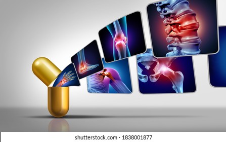 Joint pain medicine and painful injury or arthritis medication symbol for health care and medical symptoms treatment with 3D illustration elements.