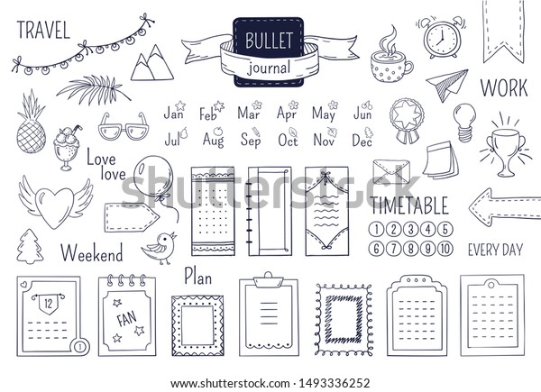 Journal\
hand drawn elements. Notebook doodle bullets, schedule calendar\
diary sketch line elements.  doodle bullet\
set