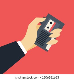 Journalist Concept. Hand Holding Tape Recorder. Reporter Take Interview For Mass Media. Press Conference. Isolated Flat  Illustration