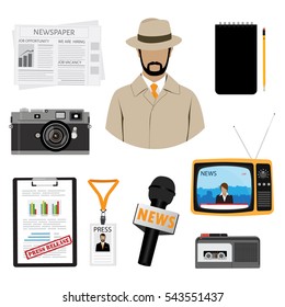 Journalist Or Reporter Raster Icon Set. Dictaphone, Microphone, Press Release, Camera And Name Tag Badge Template. Plastic Lanyard Badge With Man Photo For Press.