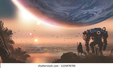 journey concept showing a man with robot looking at a new colony in the alien planet, digital art style, illustration painting