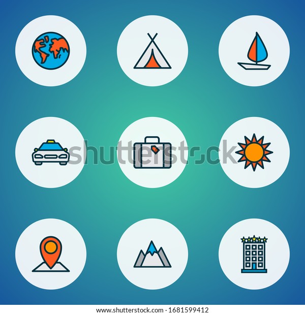 Journey icons colored line set with hotel, taxi,\
mountains and other camping elements. Isolated illustration journey\
icons.