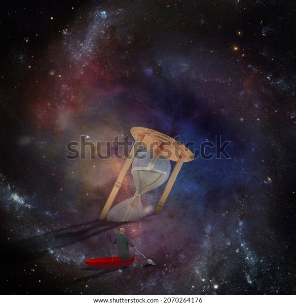 Journey in space. Man sails in\
vivid space in upturned umbrella. Hourglass in the sky. 3D\
rendering.