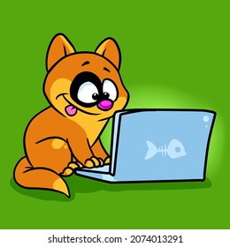 Joy Cat Looking Computer Laptop Illustration Cartoon