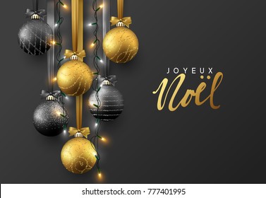 Joyeux Noel. Christmas greeting card, design of xmas ball with realistic garlands on dark background.