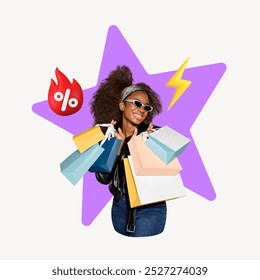 A joyful Black girl with curly hair holds colorful shopping bags and excitement vibes for shopping. Shopping and discounts concept. Joyful woman holding shopping bags with sale icons - Powered by Shutterstock