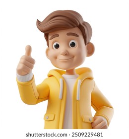 Joyful cartoon young man in a yellow jacket giving a thumbs up, exuding joy 3D illustration on white background. Cheerful character, giving a thumbs up sign, symbolizing happiness and positivity. - Powered by Shutterstock