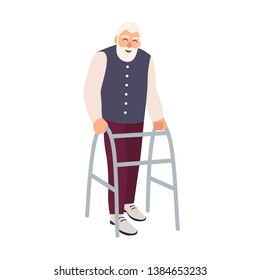 Joyful elderly man with walking frame or walker isolated on white background. Old bearded male character with physical disability or impairment. Colorful illustration in flat cartoon style.