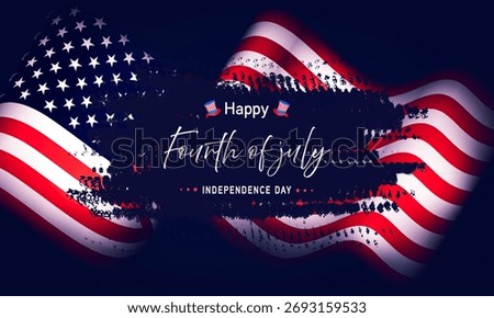Joyful Fourth of July vector artwork. Greeting card, banner, and poster celebrating American Independence Day featuring the flag of the United States along with stars and stripes. Nationalistic letter