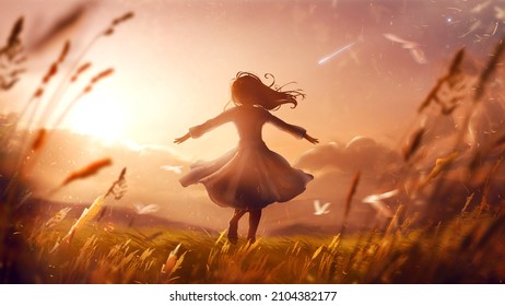 A joyful girl in a summer dresscheerfully runs through a field with grass in the rays of a juicy bright sunset with clouds, whirling in the wind, grass rustles around and plant blades fly. 2d art