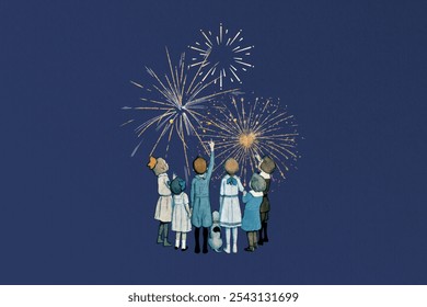 A joyful group of children, including boys and girls of diverse ethnicities, celebrate with colorful fireworks. The children watch the fireworks, filled with wonder and excitement. - Powered by Shutterstock