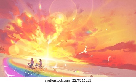 joyful illustration shows a boy and girl riding their bicycles on a rainbow beside the sea, with birds flying against a colorful orange sky at sunset. The scene is full of happiness.  - Powered by Shutterstock