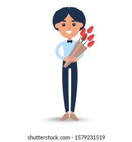 Joyful man in blue t-shirt with bow-tie holding bouquet of red tulips for women s day raster illustration. Handsome male with presents for girls - Powered by Shutterstock