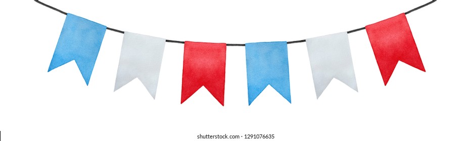 Joyful   positive pennant bunting banner flags illustration  Rectangular shape; sky blue  pure white  bright red colors  Handmade watercolour painting  cut out clip art element for design   decor 