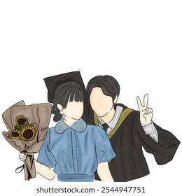 A joyous illustration of two friends celebrating graduation day, featuring a graduate in attire and a sunflower bouquet, symbolizing achievement and friendship. - Powered by Shutterstock