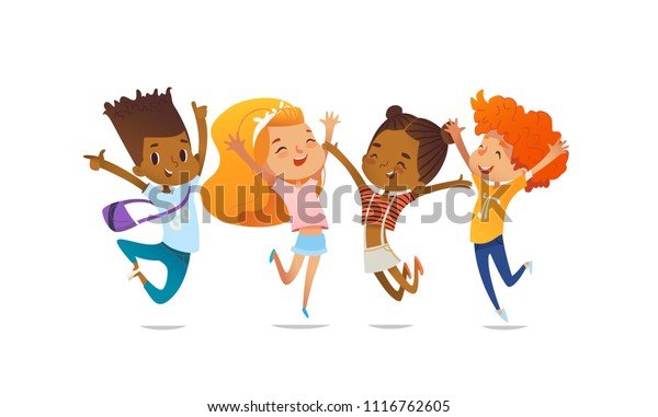 歓喜に 紫の背景に手を上げて飛び上がる学校の友達 真の友情と友情の会合のコンセプト ウェブサイトのバナー ポスター チラシ 招待状のイラスト の イラスト素材