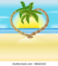 A Jpeg Illustration Of A Romantic Beach Scene  With Heart Shaped Palm Trees