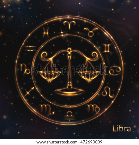 JPEG. Libra. The same in VECTOR is in my SET. Glowing collection of Astrology Zodiac Signs. Shining elements and stars for esoteric information. 12 zodiac symbols in light golden colors. 
