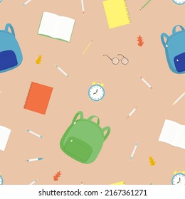 JPG Seamless Pattern With School Satchel, Books, Alarm Clock, Pencils, Glasses On Beige Background. For Decoration, Invitation, Fabric And Textile Print, Wallpapers, Covers, Gift And Wrapping Paper