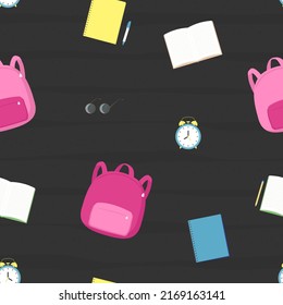 JPG Seamless Pattern With School Satchel, Books, Alarm Clock, Glasses On Black Background. For Decoration, Invitation, Fabric And Textile Print, Wallpapers, Covers, Gift And Wrapping Paper