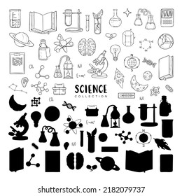 Jpg Set Of Sience And Education Elements, Outlines And Silhouettes Isolated On White. Biology, Chemistry, Physics. Back To Shcool Collection. Laboratory Items. Medecine And Innovation. 