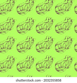 Jpg Vegetable Vintage Seamless 
Pattern. Green Salad. Hand-drawn Outline On A Light Green Background. Square Design Food Template Print For Textile, Packaging, Organic Farm Store