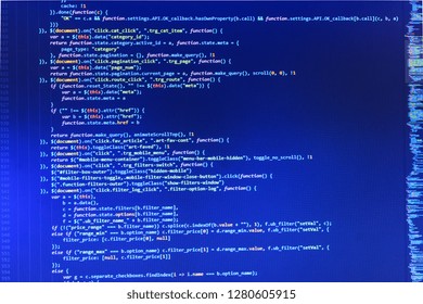  JS, Closeup cooperating in web specialist apps,  Abstract screen of software virus and coding technologies,  Programming text on dark screen,  Program code with display