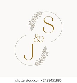 JS Logo initials wedding monogram logo design in simple brown circle leaf frame - Powered by Shutterstock