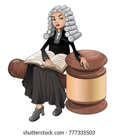 A Judge Is A Female Lawyer In A Wig With A Book And A Hammer, A Symbol Of Law And Justice. On White Background, Clipart.