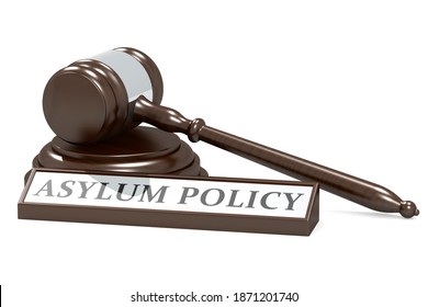 Judge gavel and asylum policy banner, 3D rendering