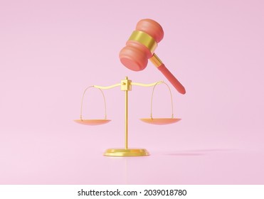 Judge Gavel And Scales Neutral Concept. Court Loyal Fair Symbol On With Balance Not Taking Sides Whom, Cartoon Minimal Style On Pink Background. 3d Render. Illustration