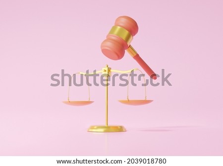 Judge gavel and scales neutral concept. court loyal fair symbol on with balance not taking sides whom, cartoon minimal style on pink background. 3d render. illustration
