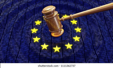 Judge Hammer Or Gavel Hitting EU Data Bits And Bytes. Concept Of GDPR Law, Breach And Monetary Penalty. 3D Illustration