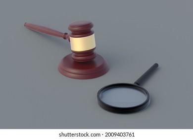 Judge Hammer Near Magnifying Glass On Gray Background. Search For Evidence. Legal Education. Research Of Judicial System. Study Of Legislation. Detection Of Offense. 3d Render