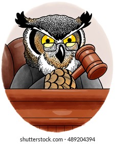 Judge Owl Sits At The Bench, Gavel In Hand.