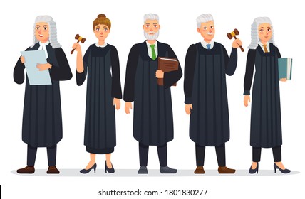 Judges Team. Law Judge In Black Robe Costume, Court People And Justice Workers  Cartoon Illustration. Man And Woman Holding Book And Gavel Or Hummer, Law Occupation. Magistrate With Mallet